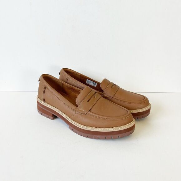 Toms Shoes - TOMS Cara Slip On Lug Platform Penny Loafers Flats Leather Camel Brown Size 9.5